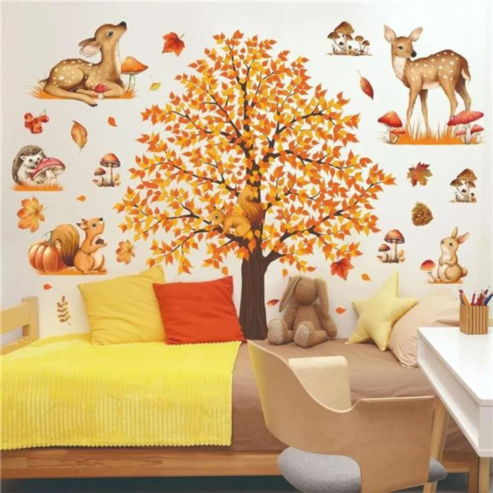 fall autumn maple tree wall decals woodland animals mushroom bedroom decor room